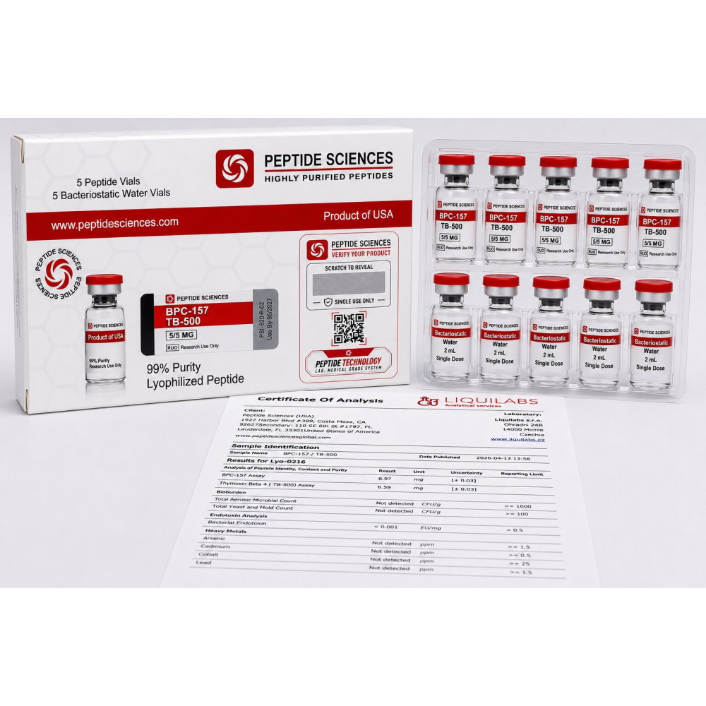 Peptide Sciences BPC-157 + TB-500 Combo (5 mg / 5 mg) – 5 Flakon Set + Antibakteriyel Su