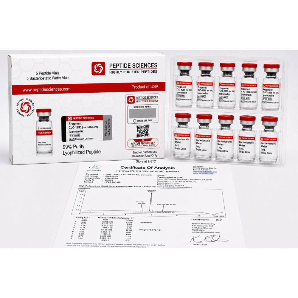 Peptide Sciences Fragment 176-191 + CJC-1295 (No DAC) + Ipamorelin Combo (6 mg / 3 mg / 3 mg) – 5 Flakon Set + Antibakteriyel Su