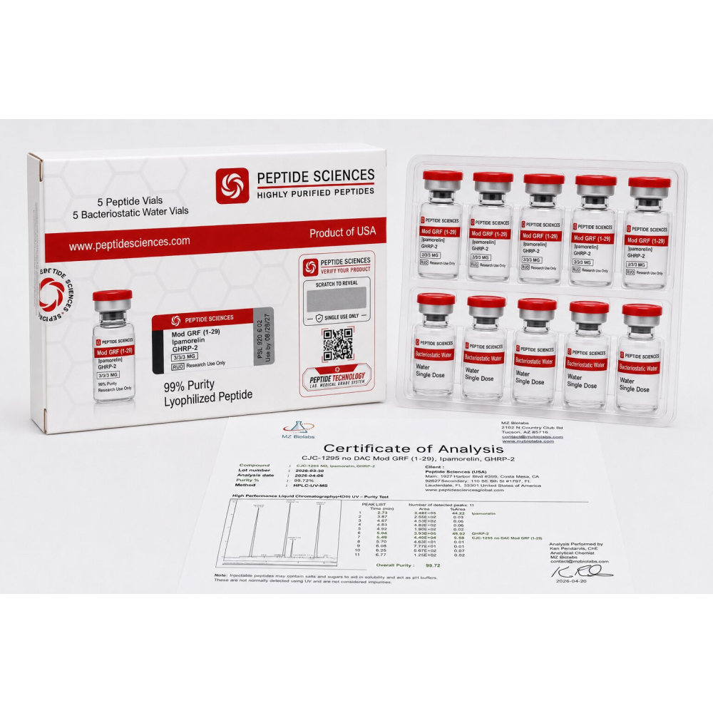 Peptide Sciences Mod GRF (1-29) + Ipamorelin + GHRP-2 Combo (3 mg / 3 mg / 3 mg) – 5 Flakon Set + Antibakteriyel Su
